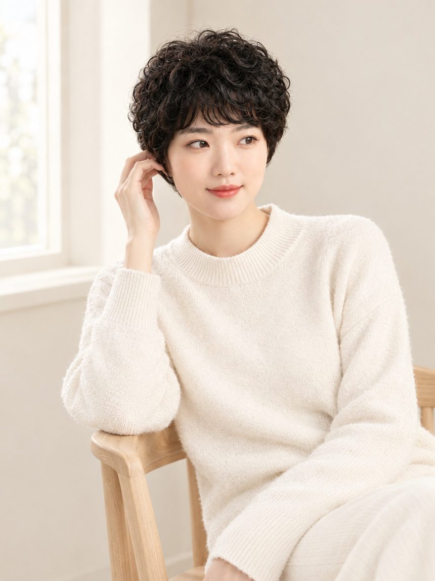 여자 베이비 펌 1 통가발 착용 모습