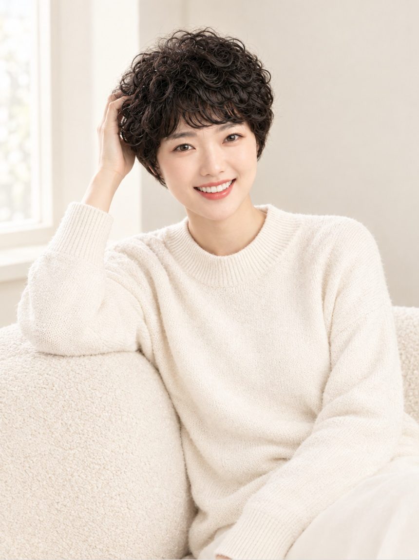 여자 베이비 펌 1 통가발 착용 모습