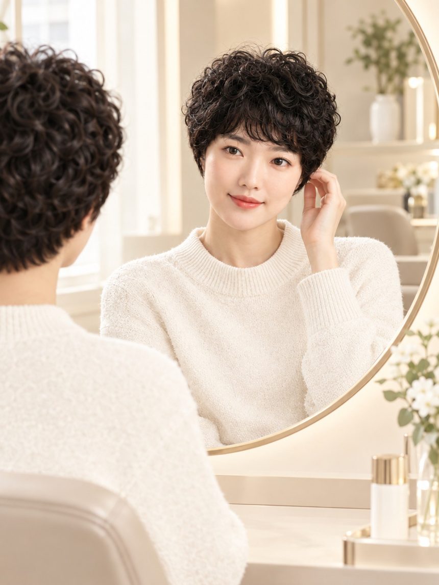 여자 베이비 펌 1 통가발 착용 모습