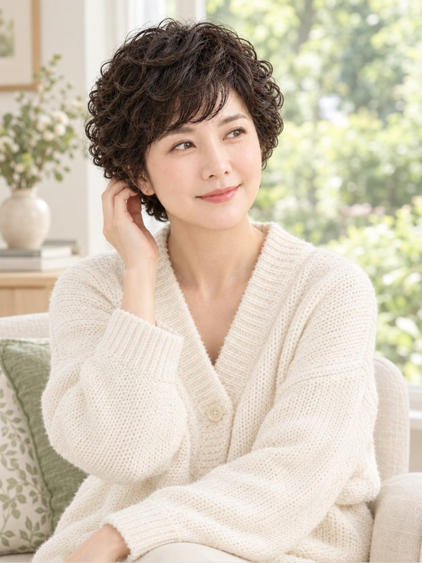 여자 베이비 펌 2 통가발 착용 모습