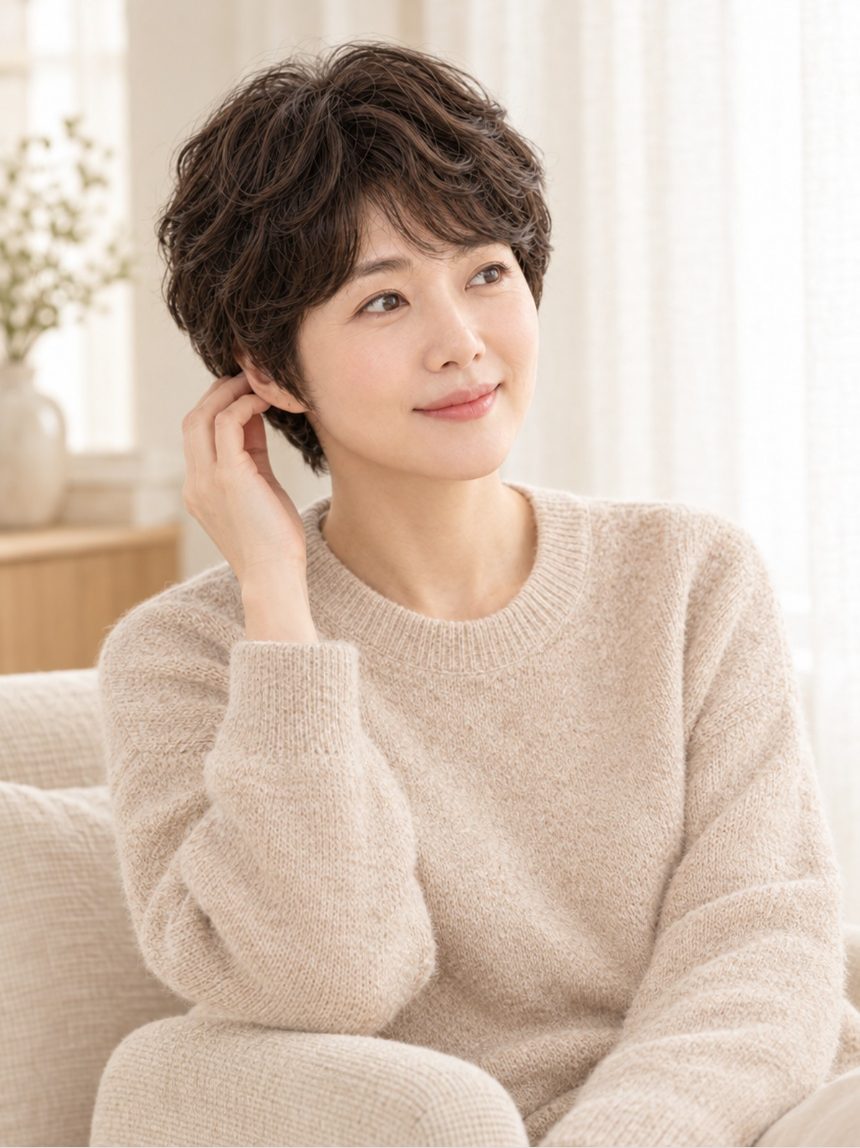 여자 코튼 펌 통가발 착용 모습