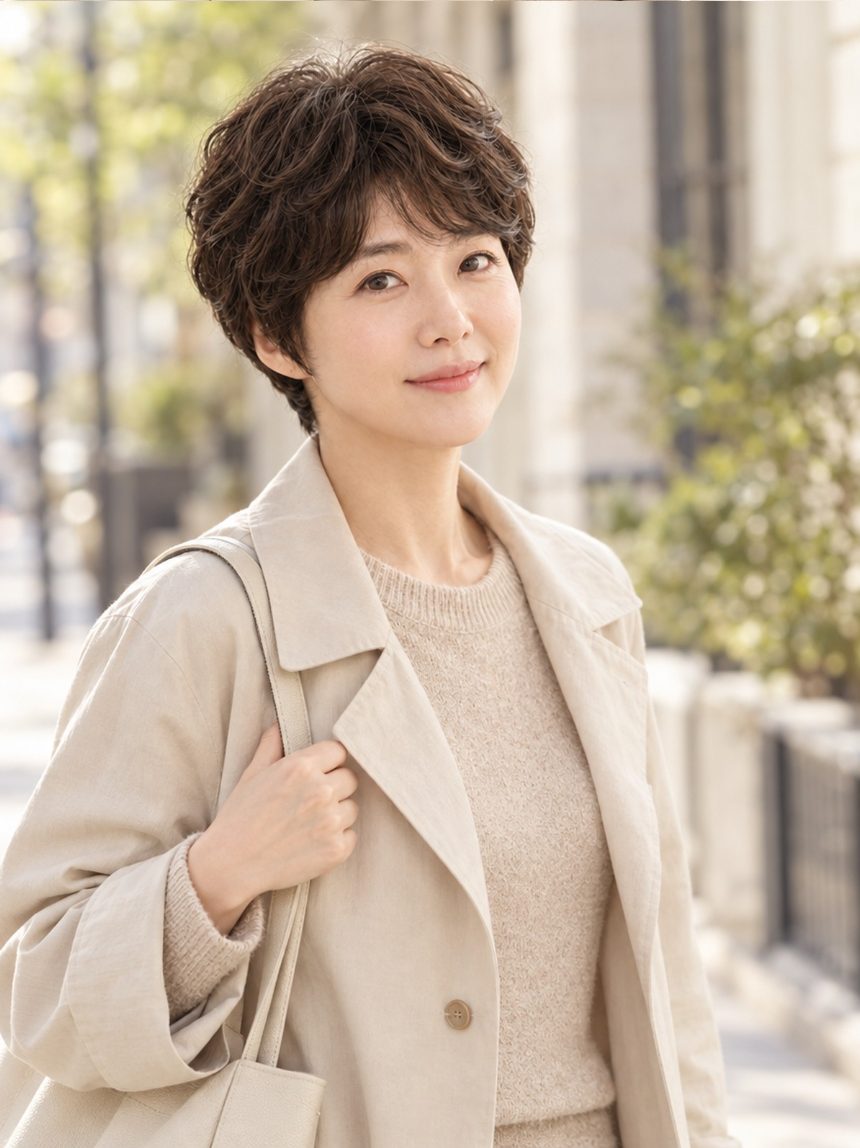 여자 코튼 펌 통가발 착용 모습