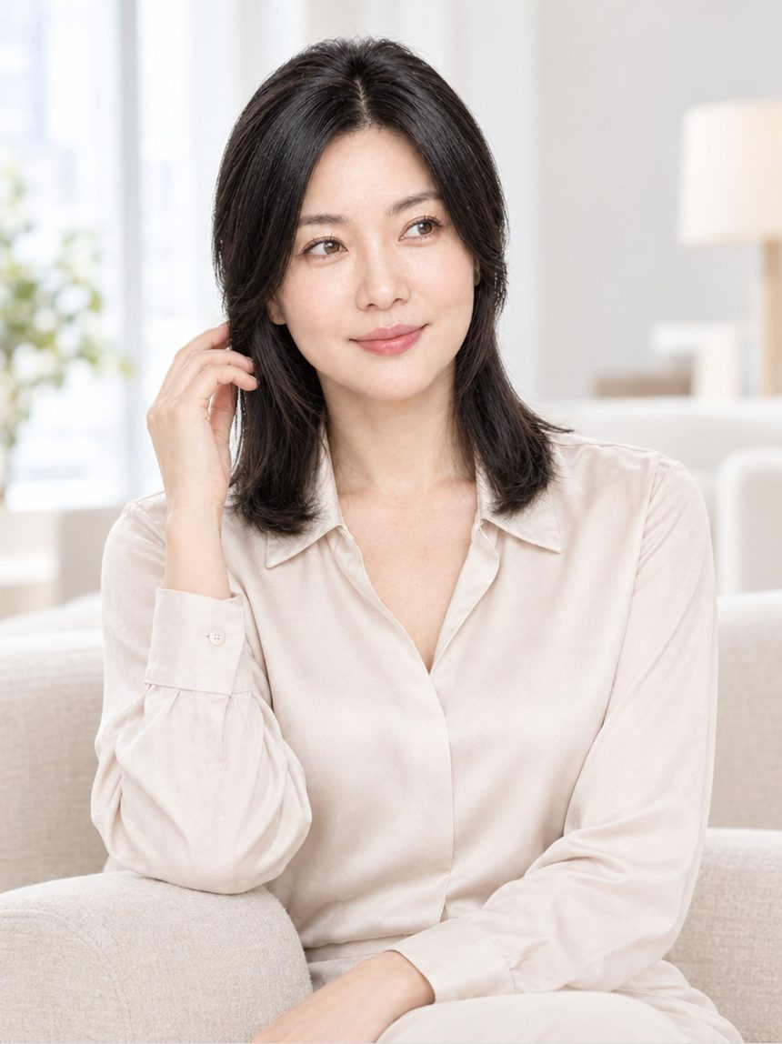 여성 정수리 가발 착용 모습