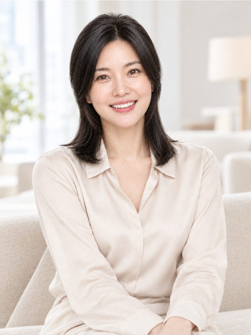 여성 정수리 가발 착용 모습
