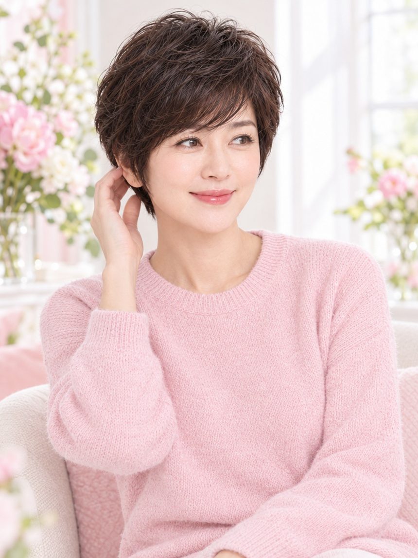 여자 레이어드 숏컷 통가발 착용 모습