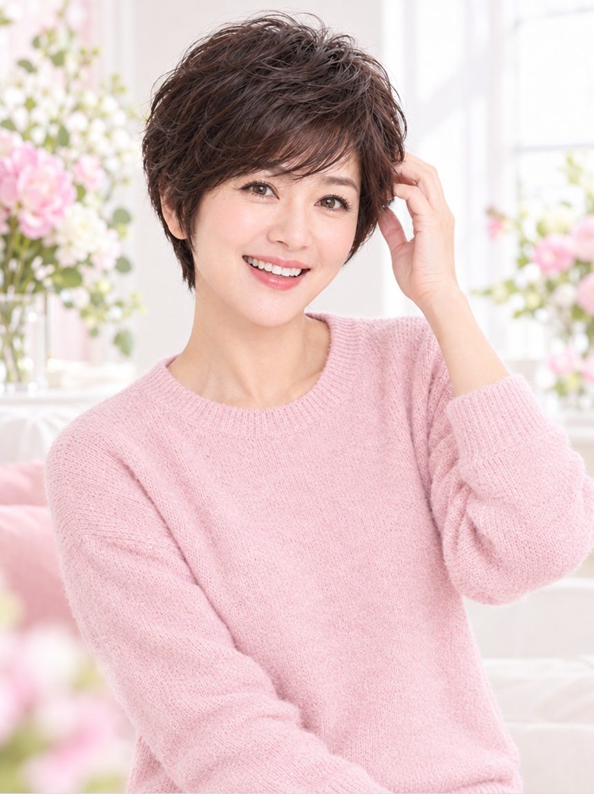 여자 레이어드 숏컷 통가발 착용 모습