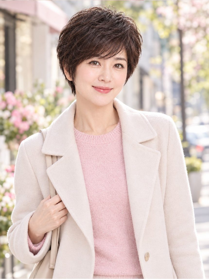 여자 레이어드 숏컷 통가발 착용 모습