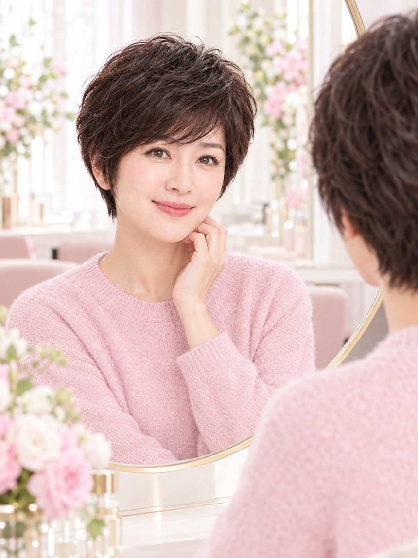여자 레이어드 숏컷 통가발 착용 모습