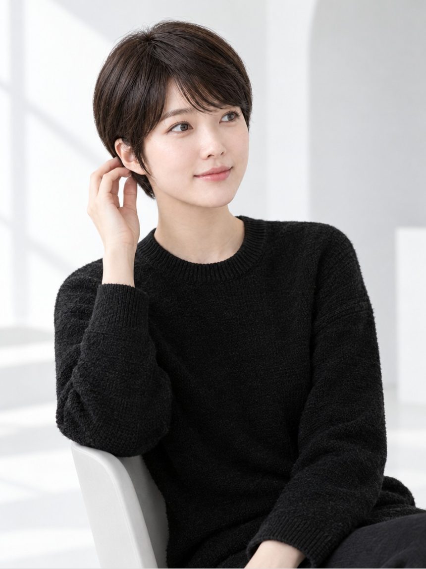 여자 리프 컷 통가발 착용 모습