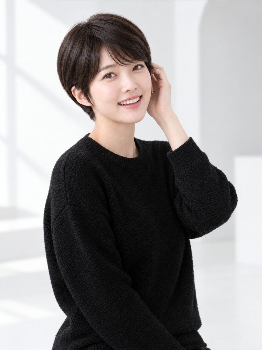 여자 리프 컷 통가발 착용 모습