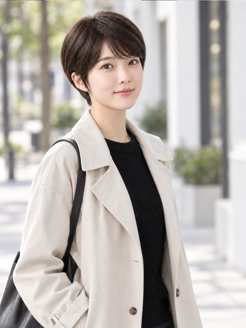 여자 리프 컷 통가발 착용 모습