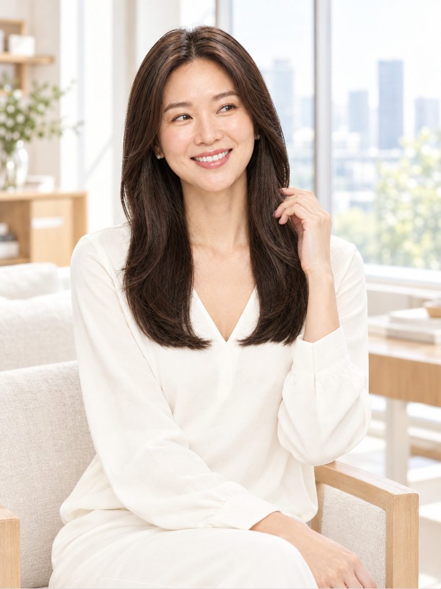 여성 중단발 레이어드 컷 통가발 착용 모습