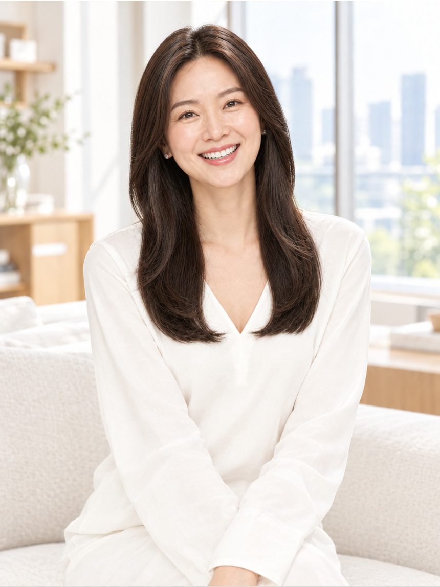 여성 중단발 레이어드 컷 통가발 착용 모습