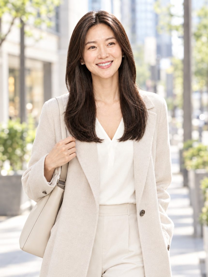 여성 중단발 레이어드 컷 통가발 착용 모습