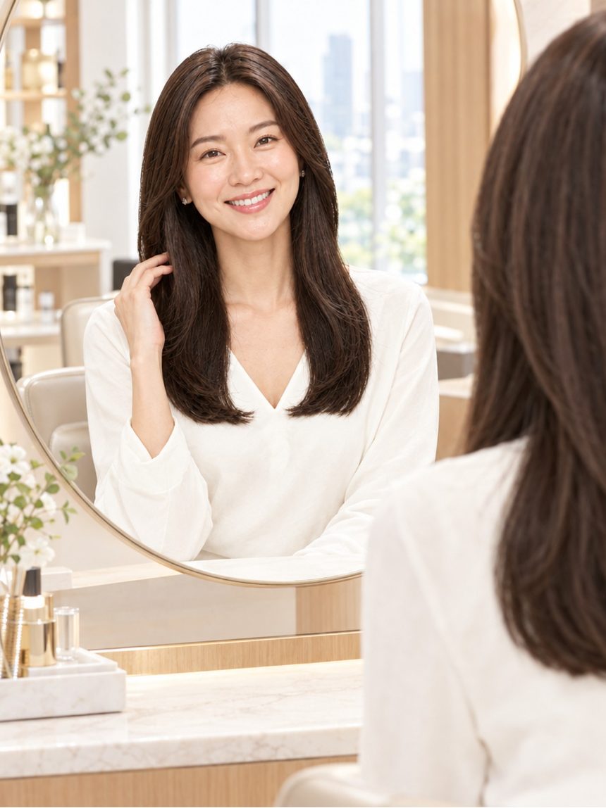 여성 중단발 레이어드 컷 통가발 착용 모습