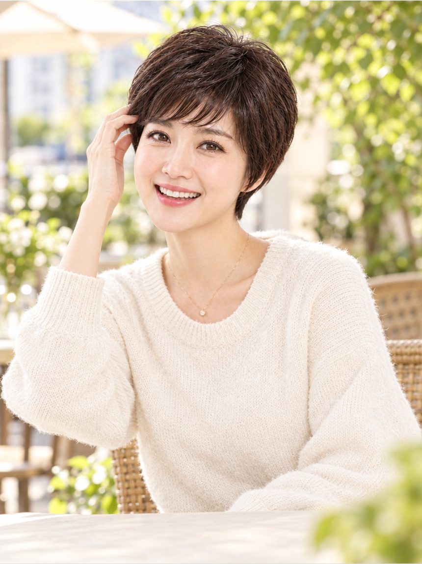 여자 픽시 컷 통가발 착용 모습