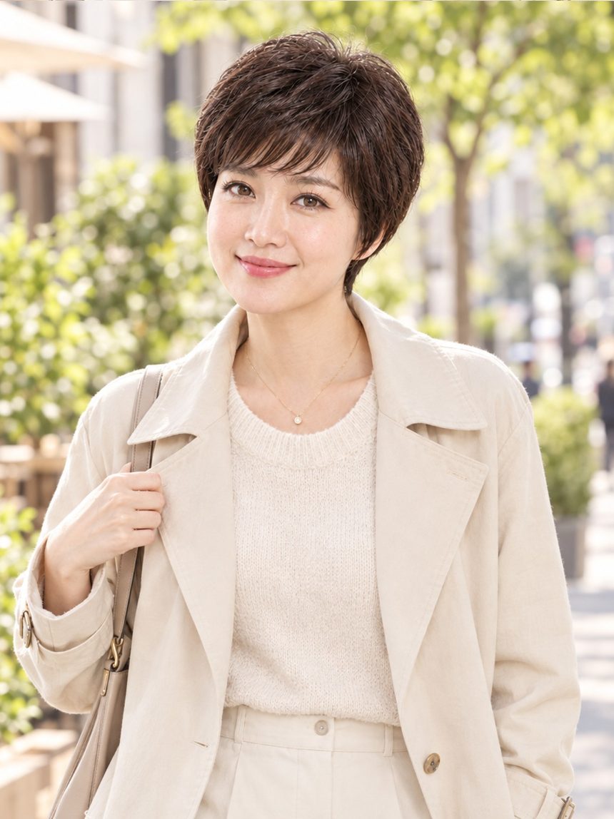 여자 픽시 컷 통가발 착용 모습
